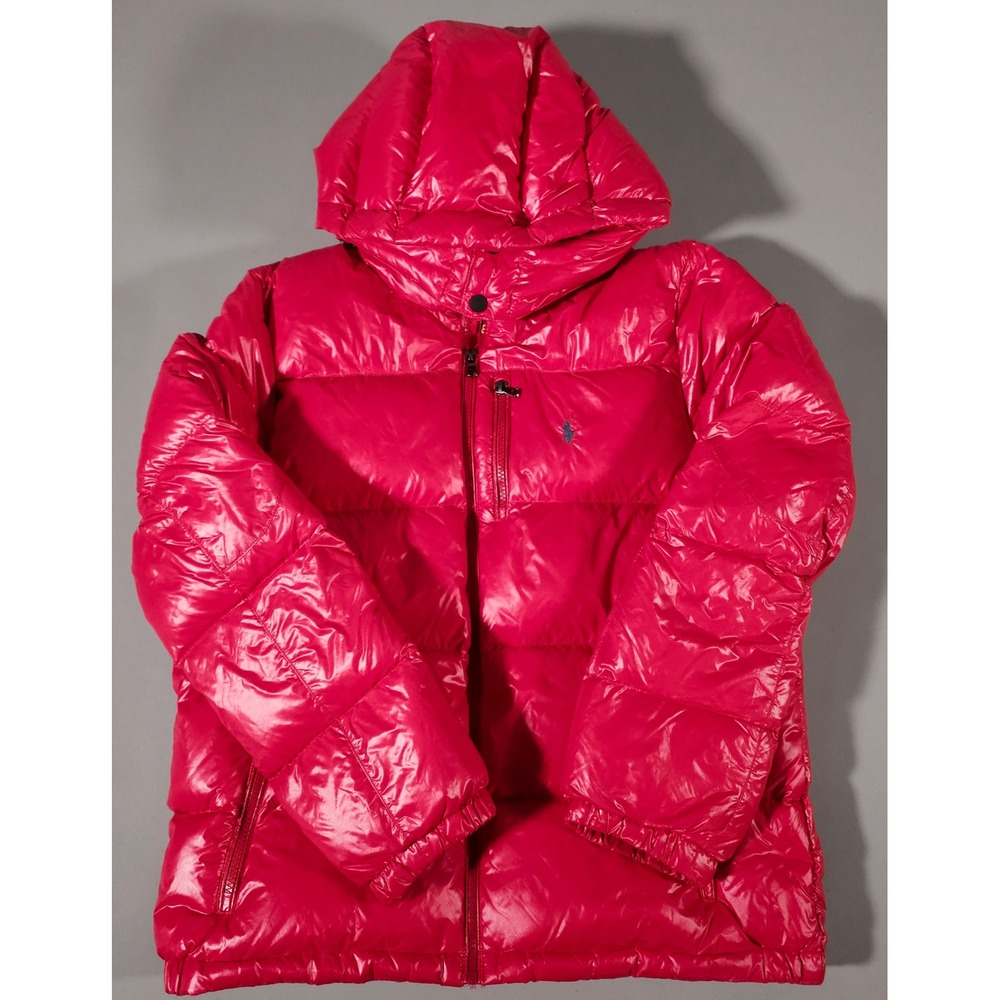 Polo Ralph Lauren Puffer Jacket Kids XL 18-20 Red Glossy Hooded Down Coat